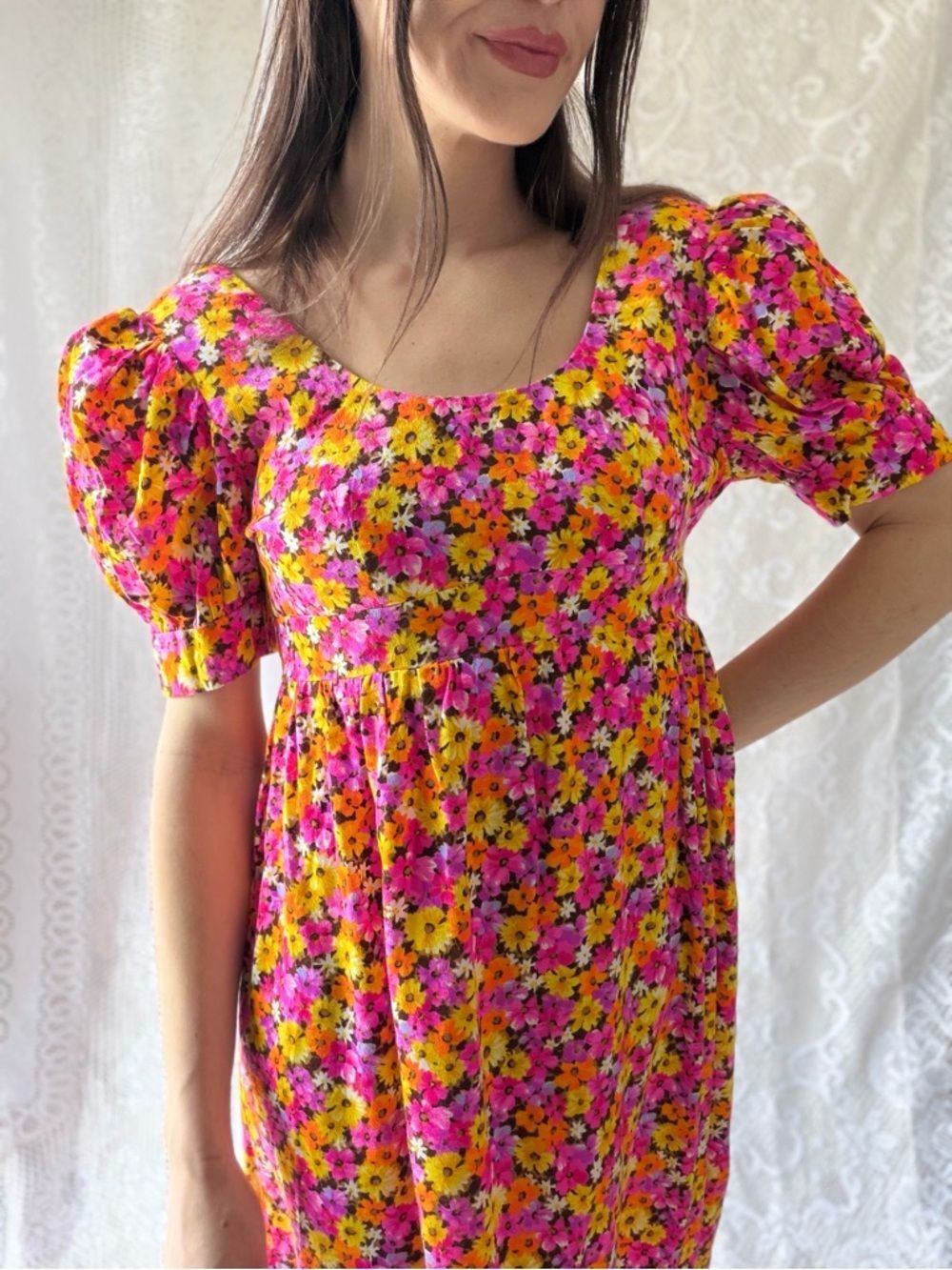 Vintage 70s Handmade Floral Puff Sleeve Maxi Dress Empire Waist Cottagecore